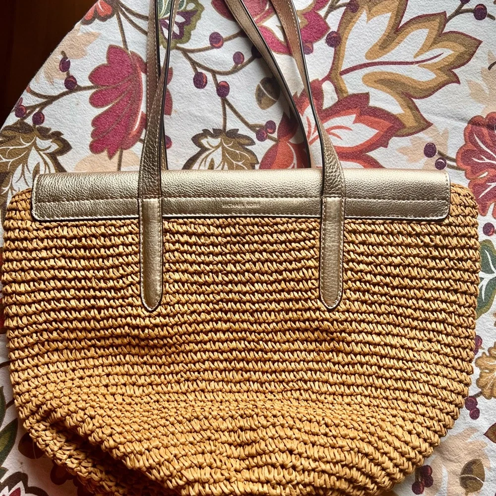 Michael Kors Woven Straw Tote with Metallic Beige Trim